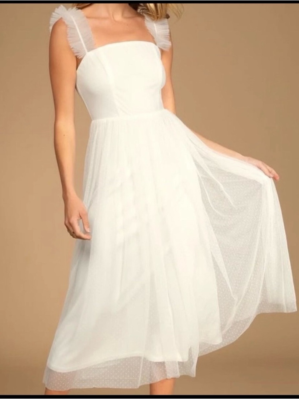NWT Lulus Divine Invitation White Tulle Swiss Dot Ruffled Midi Dress